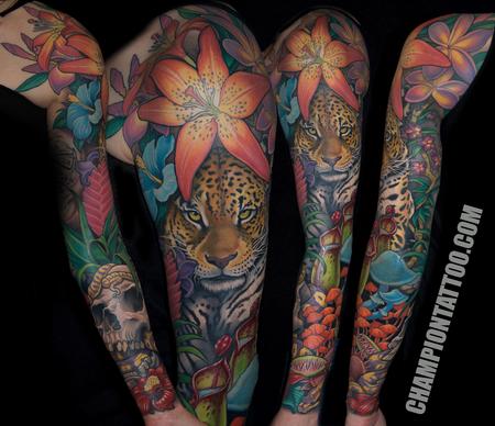 Tattoos - Leopard with tiger lily & mushrooms - 106827